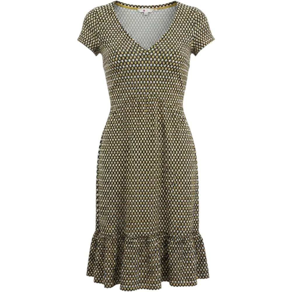 Boden Geometric Print Dress Womens 10 Yellow Navy V-Neck Ruffle Hem Cotton Retro